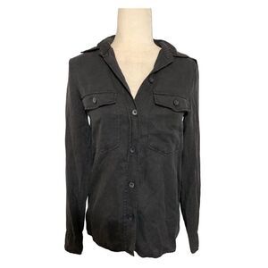 zara womens denim collection Solid Black long sleeve button down top xs